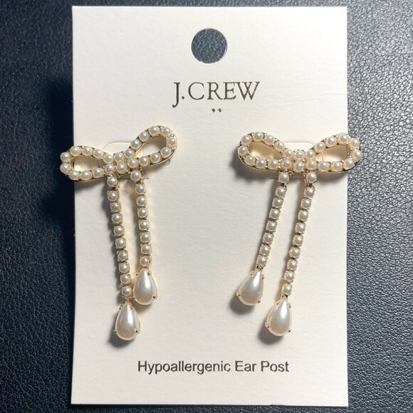 NWT Gold Pearl Bow Dangle Drop Earrings - Picture 4 of 6
